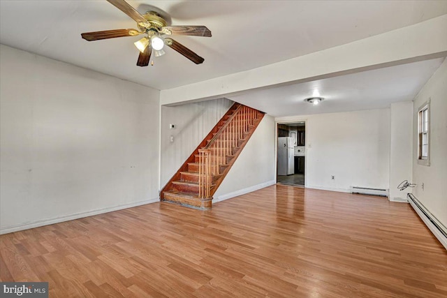 unfurnished living room featuring light hardwood / wood-style floors, ceiling fan, and a baseboard heating unit