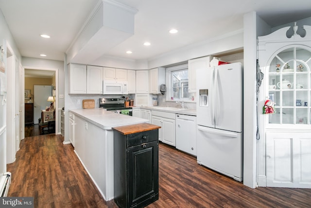 kitchen featuring white appliances, sink, kitchen peninsula, dark hardwood / wood-style flooring, and white cabinetry