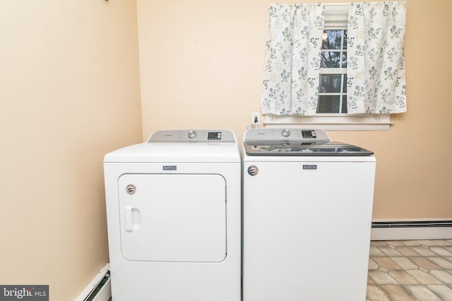 laundry room with washing machine and dryer and a baseboard heating unit