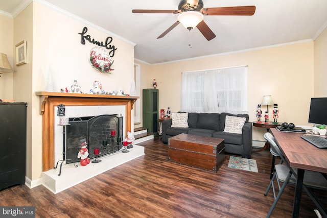 living room featuring dark hardwood / wood-style floors, a fireplace, and crown molding