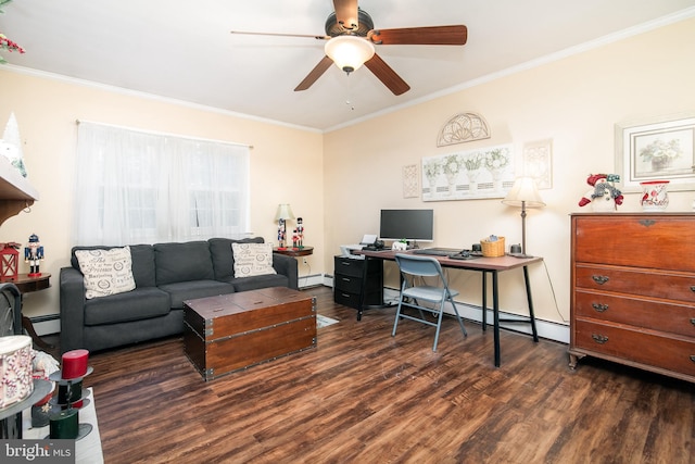 office featuring baseboard heating, ceiling fan, dark wood-type flooring, and ornamental molding