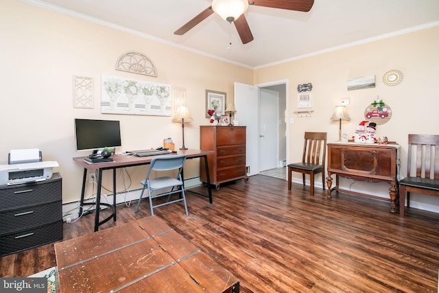 home office with crown molding, ceiling fan, and dark hardwood / wood-style floors