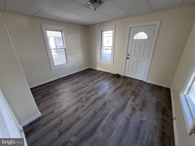 entrance foyer with a paneled ceiling, dark hardwood / wood-style flooring, and plenty of natural light