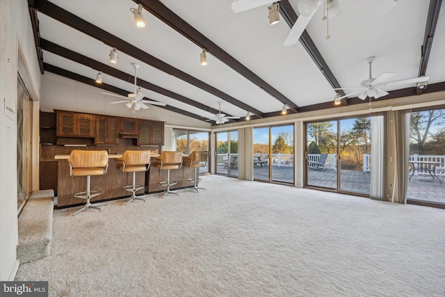 carpeted living room featuring beam ceiling, bar area, plenty of natural light, and high vaulted ceiling