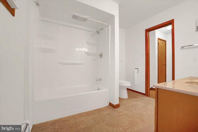 full bathroom with vanity, washtub / shower combination, tile patterned flooring, and toilet