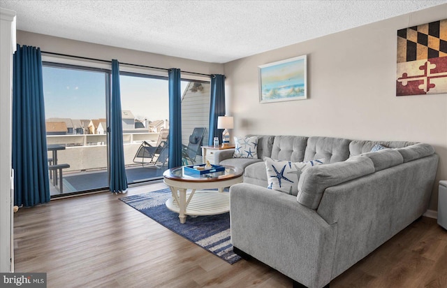 living room featuring a textured ceiling and hardwood / wood-style flooring