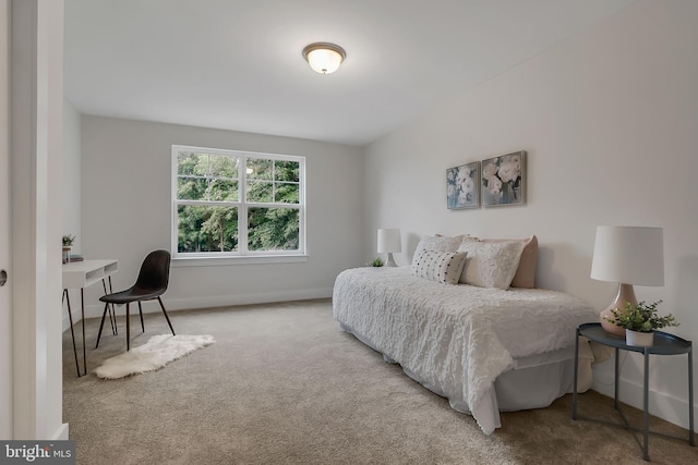 bedroom featuring light carpet