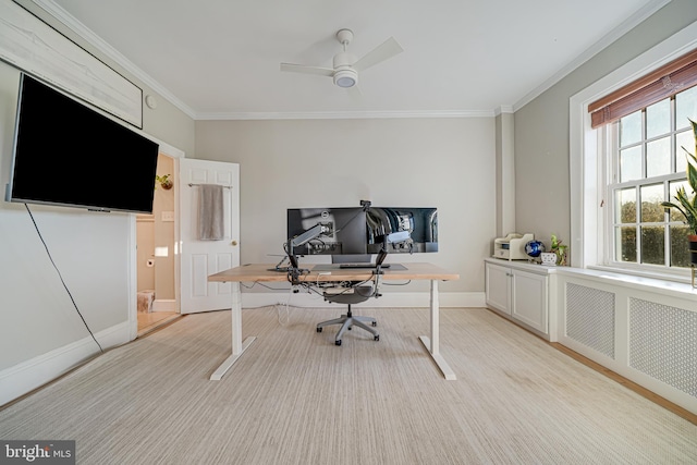 home office with ceiling fan and ornamental molding