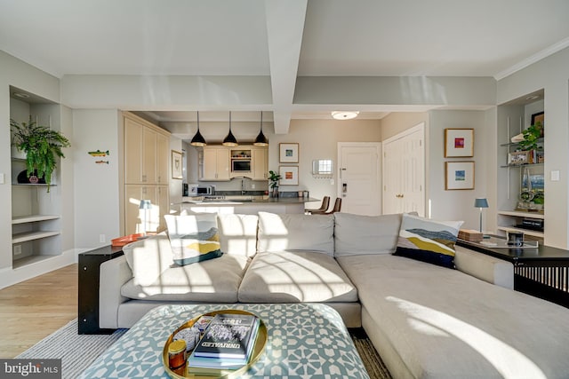 living room with light hardwood / wood-style floors, built in features, and beam ceiling