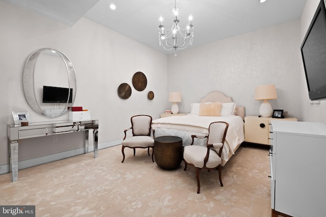 bedroom featuring an inviting chandelier