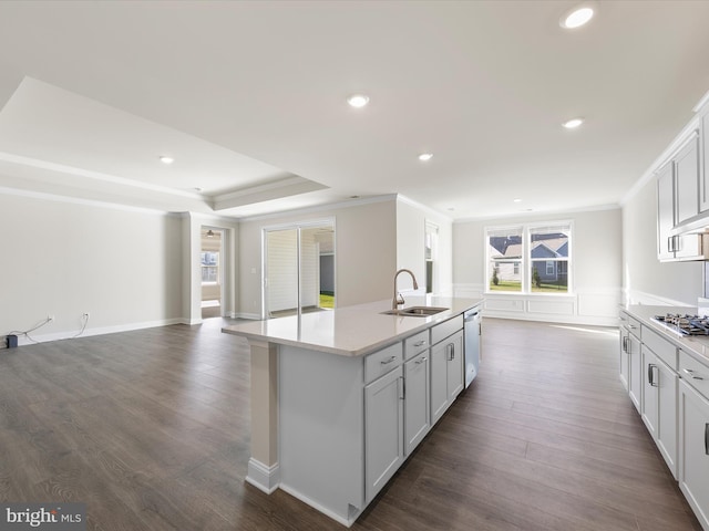 kitchen featuring dark hardwood / wood-style flooring, stainless steel appliances, a kitchen island with sink, sink, and white cabinets