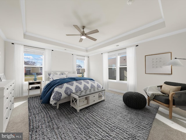 bedroom featuring carpet floors, a raised ceiling, and ceiling fan