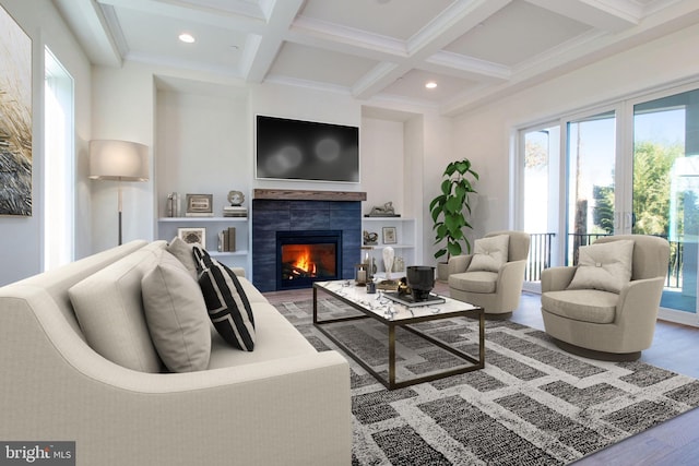 living room with beam ceiling, a fireplace, wood-type flooring, and coffered ceiling