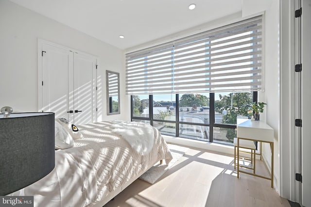 bedroom featuring light hardwood / wood-style floors and multiple windows