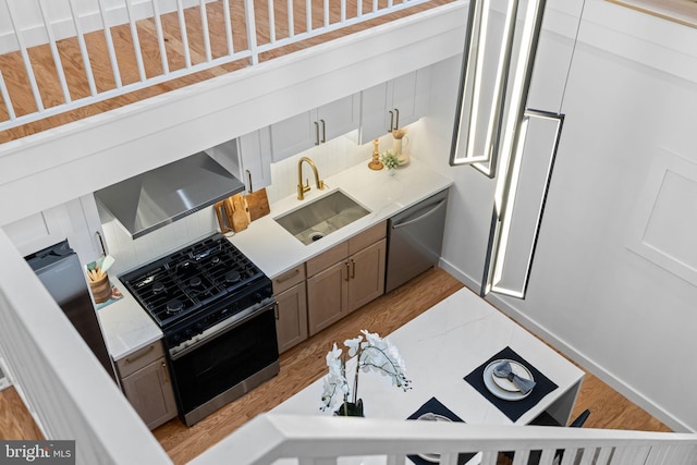 kitchen with range hood, appliances with stainless steel finishes, sink, and light hardwood / wood-style floors