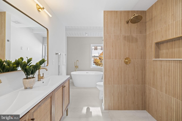 full bathroom with toilet, shower with separate bathtub, vanity, and tile patterned flooring