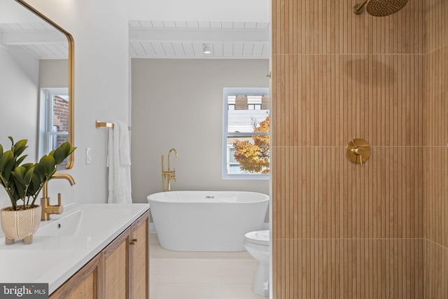 bathroom featuring a bathtub, vanity, beam ceiling, wood ceiling, and toilet