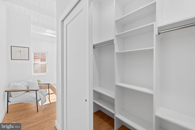 spacious closet featuring beamed ceiling and light hardwood / wood-style flooring