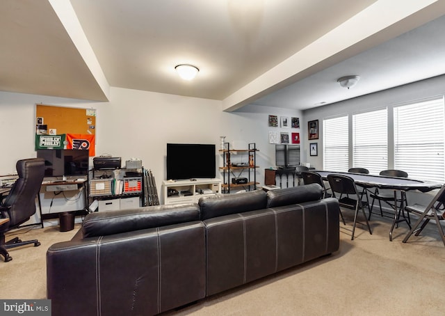 living room featuring light carpet