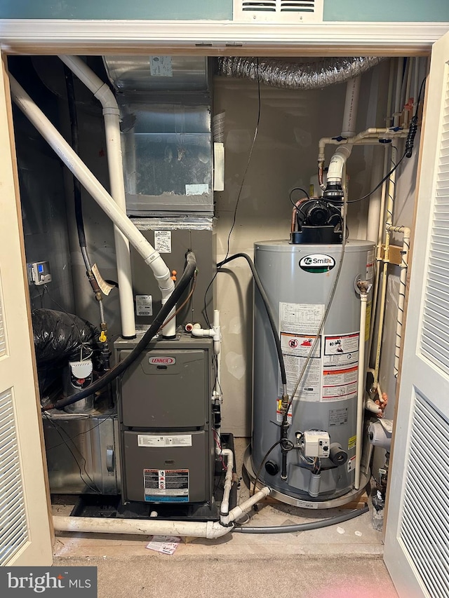 utility room with heating unit and gas water heater