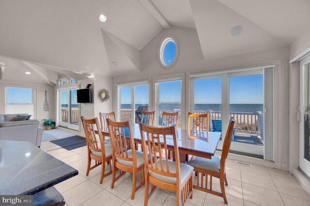 2 N 2nd St, Surf City, NJ 08008 - dining room with light tile patterned floors, high vaulted ceiling, and recessed lighting