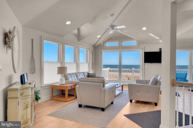 2 N 2nd St, Surf City, NJ 08008 - living room featuring light wood-type flooring, lofted ceiling, ceiling fan, baseboards, and recessed lighting