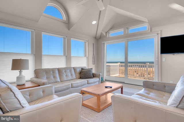 living room with a healthy amount of sunlight and vaulted ceiling