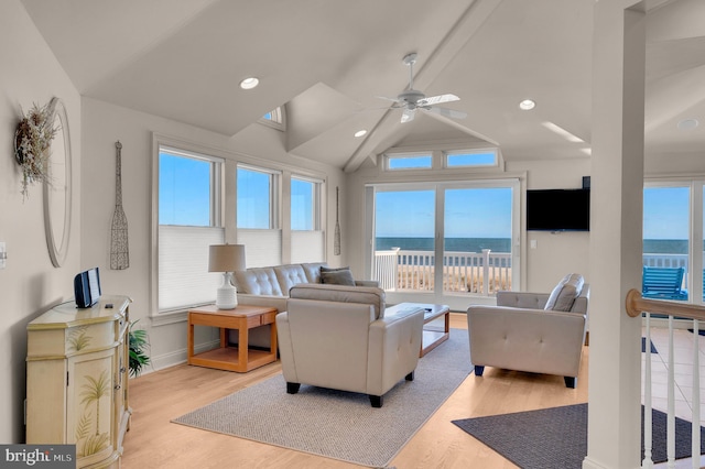 living room featuring light hardwood / wood-style flooring, ceiling fan, and a healthy amount of sunlight