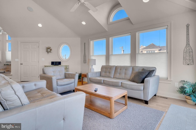 2 N 2nd St, Surf City, NJ 08008 - living area with ceiling fan, vaulted ceiling, light wood finished floors, recessed lighting, and baseboards