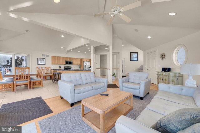 2 N 2nd St, Surf City, NJ 08008 - living area featuring a ceiling fan, recessed lighting, and high vaulted ceiling