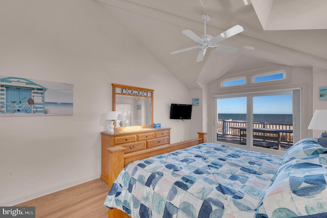 bedroom featuring access to exterior, high vaulted ceiling, light hardwood / wood-style flooring, and ceiling fan