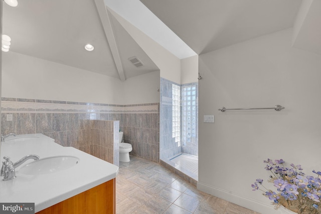 bathroom with walk in shower, vanity, lofted ceiling, and toilet