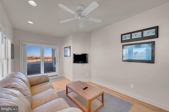 living room with ceiling fan and light hardwood / wood-style flooring