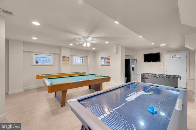 playroom with ceiling fan and pool table