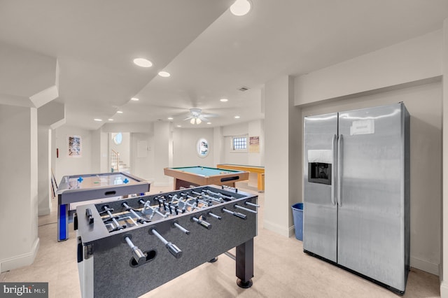 recreation room featuring ceiling fan, light colored carpet, and pool table