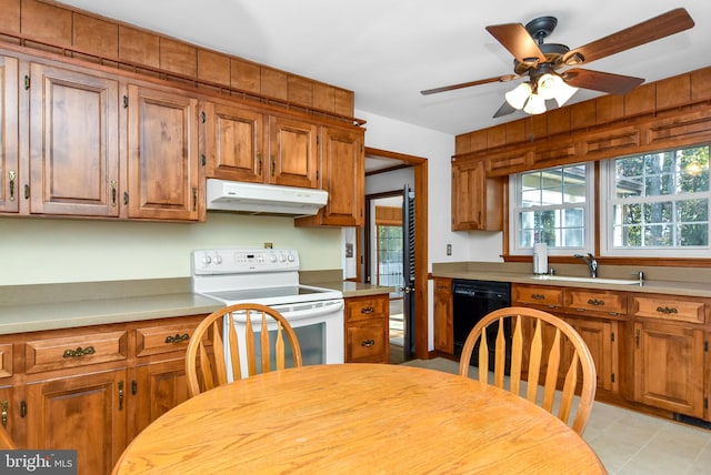 kitchen with white range with electric stovetop, ceiling fan, dishwasher, and sink