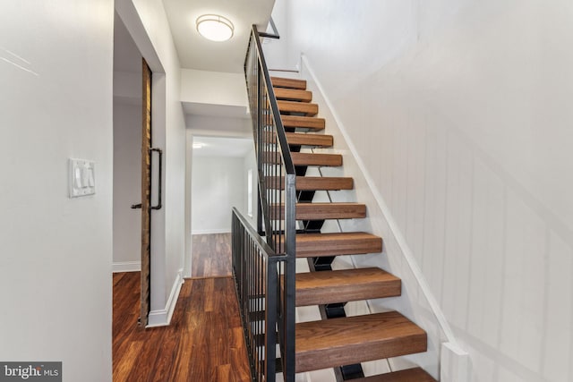 stairway with hardwood / wood-style flooring