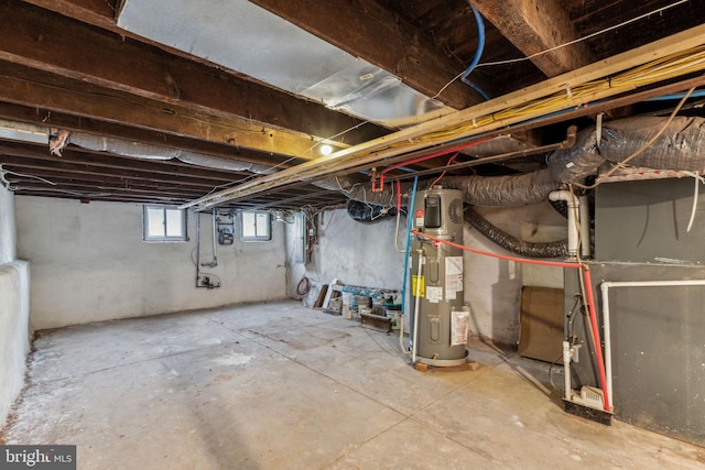 basement with hybrid water heater and heating unit