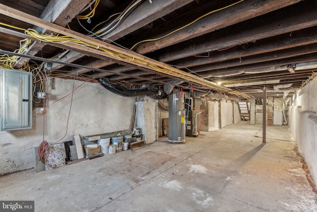 basement with water heater and electric panel