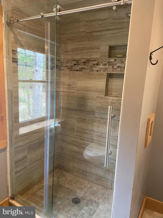 bathroom with a shower with shower door