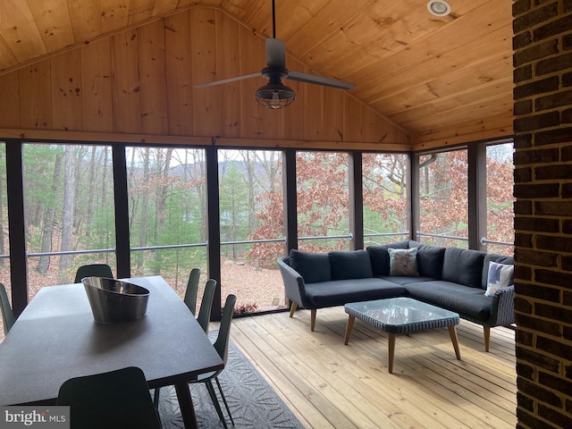 sunroom / solarium featuring ceiling fan, wood ceiling, and lofted ceiling