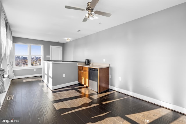 kitchen with dishwasher, dark hardwood / wood-style floors, and ceiling fan