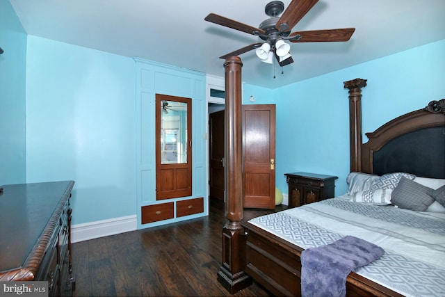 bedroom featuring ceiling fan and dark wood-type flooring