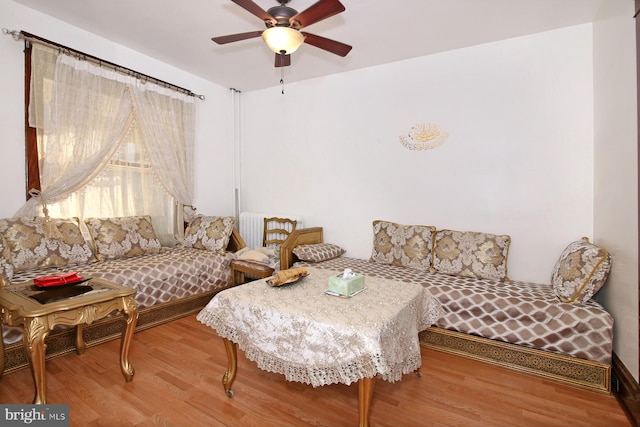 living room featuring ceiling fan and hardwood / wood-style floors