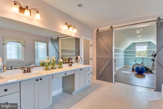 bathroom featuring vanity, a healthy amount of sunlight, and vaulted ceiling