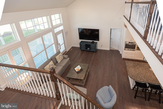 living room featuring dark hardwood / wood-style floors and lofted ceiling