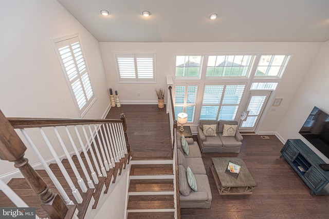 living room with a high ceiling, dark hardwood / wood-style flooring, and plenty of natural light