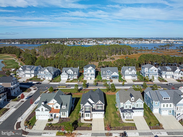 drone / aerial view featuring a water view