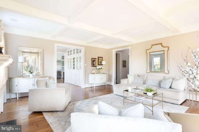 living room with beam ceiling, wood-type flooring, and coffered ceiling