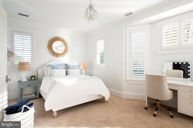 bedroom featuring light carpet and ornamental molding